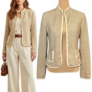 Elie Tahari Tweed Wool Jacket SZ S Beige Career Corporate Work Old Money